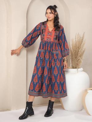Abito stampato a mano con blocchi di legno Abito midi in cotone floreale Boho chic Abito estivo per le vacanze Cotone indiano Realizzato a mano in India Abito Jaipuri con tasche