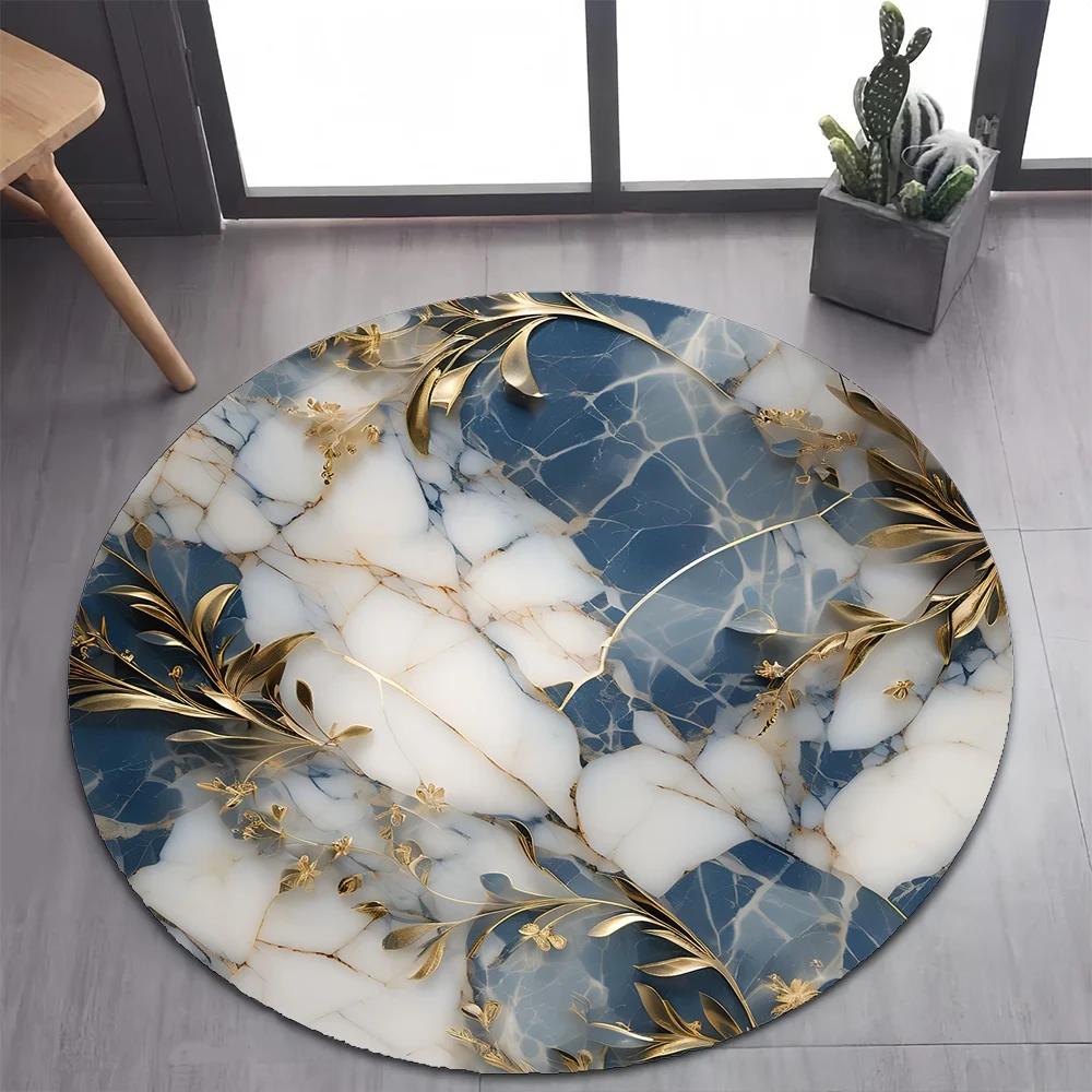 White Gold Marble Round Area Rug –Elegant Carpet for Bedroom or Living Room – Non-Slip Floor Mat, Pet-Friendly Modern Home Decor