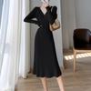 French Vintage Pearl Chain Knit Dress Women's Winter New Gentle High Waisted Base Dresses Korea Chic Designer Casual Clothing