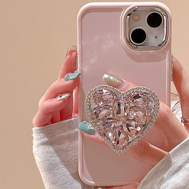 Shiny Rhinestone Heart Stand Phone Case for Apple 17, 16Promax, 15Pro, 11
