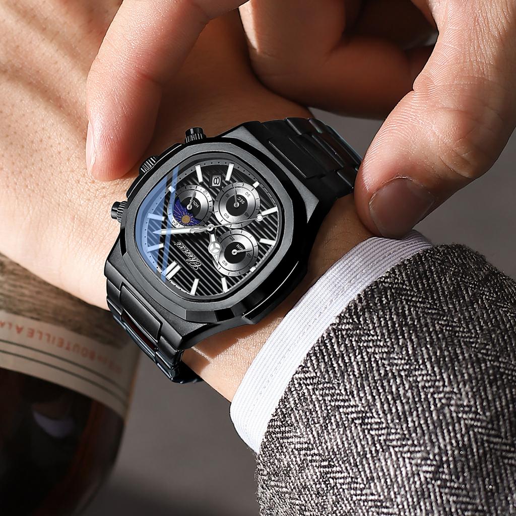 Luxury Watch Men Business Fashion Waterproof Stainless Steel Chronograph Moon Phase Quartz Wristwatch Male Clock