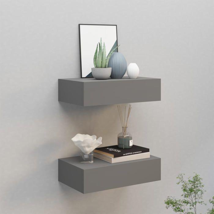 VidaXL Wall-mounted Shelves with Drawers 2 Pcs Grey 40x23.5x10 Cm MDF
