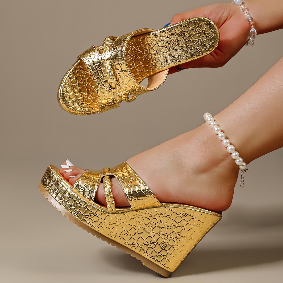 Fashion Shoes Cswo01 Women's Golden Crocodile Print Wedge Heels Slides 10Cm Woven Woman Sandals Platform Sole Outdoor Slippers Shoes Cm