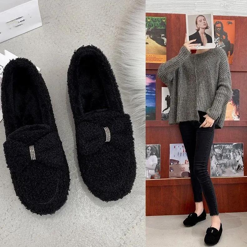 Peas Shoes Women's Cotton Shoes Plus Velvet Thickened Warm Bow Cotton Shoes Casual and Comfortable Women