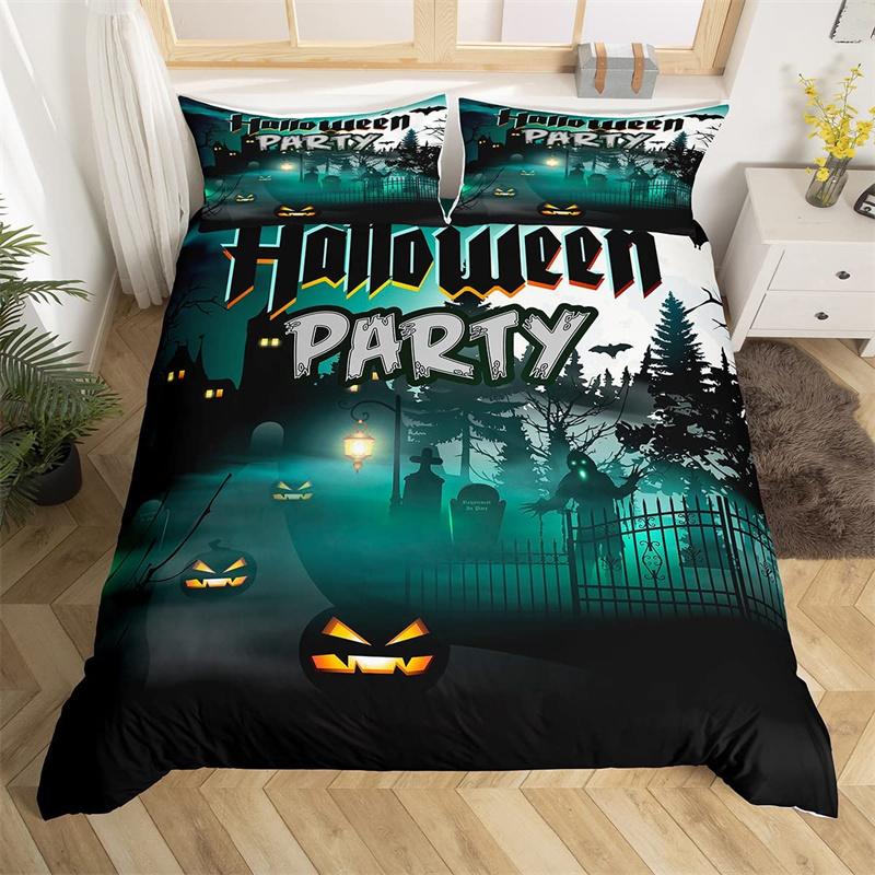 Halloween Duvet Cover Horror Pumpkin Lantern Bedding Set Polyester Crazy Scary Horseman Comforter Cover King For Kids Boys Girls