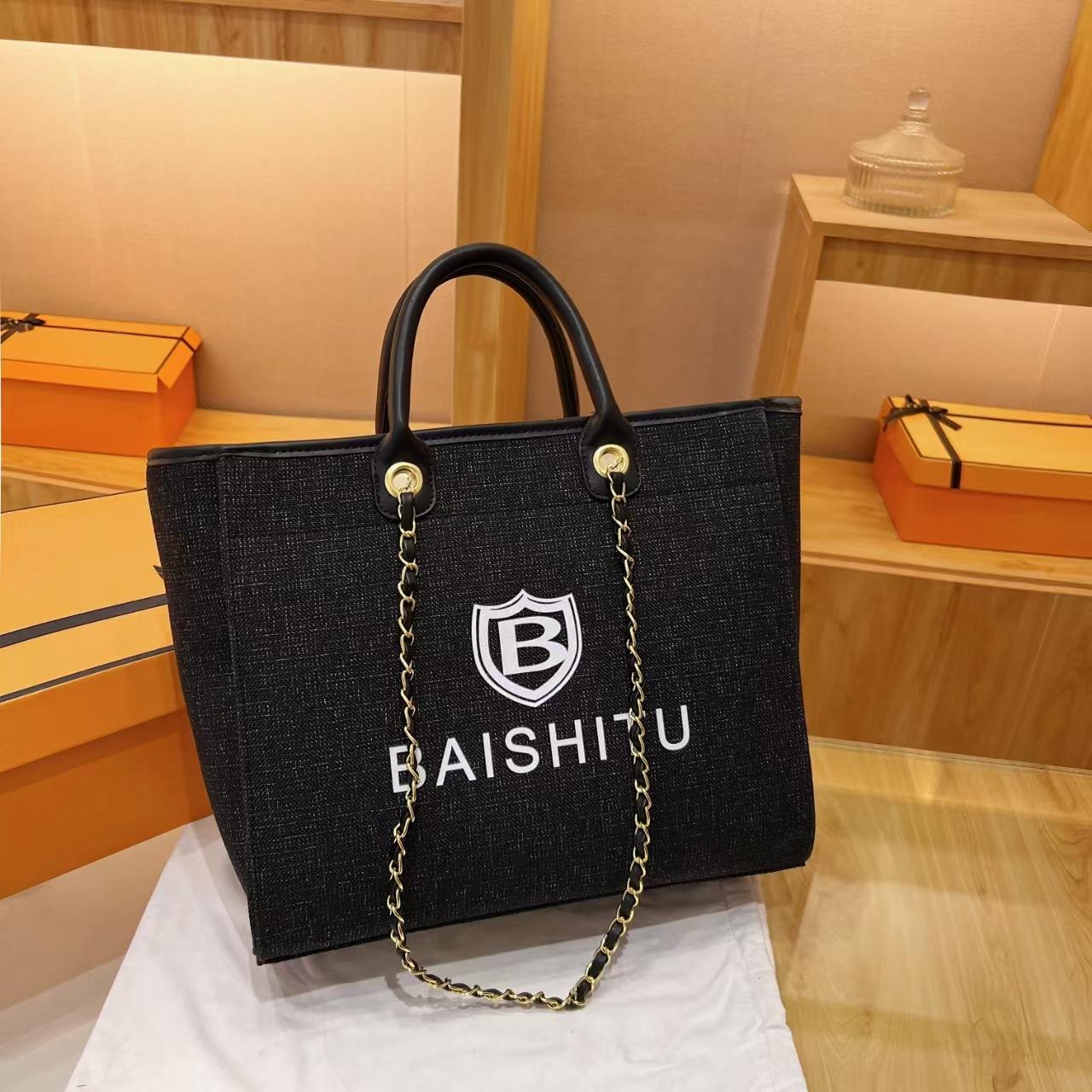 

2025 новая сумка-цепочка для通勤, французская сумка-тоут в стиле легкой роскоши, холщовая вышитая пляжная сумка size [bottom length 41 height 29] large capacity