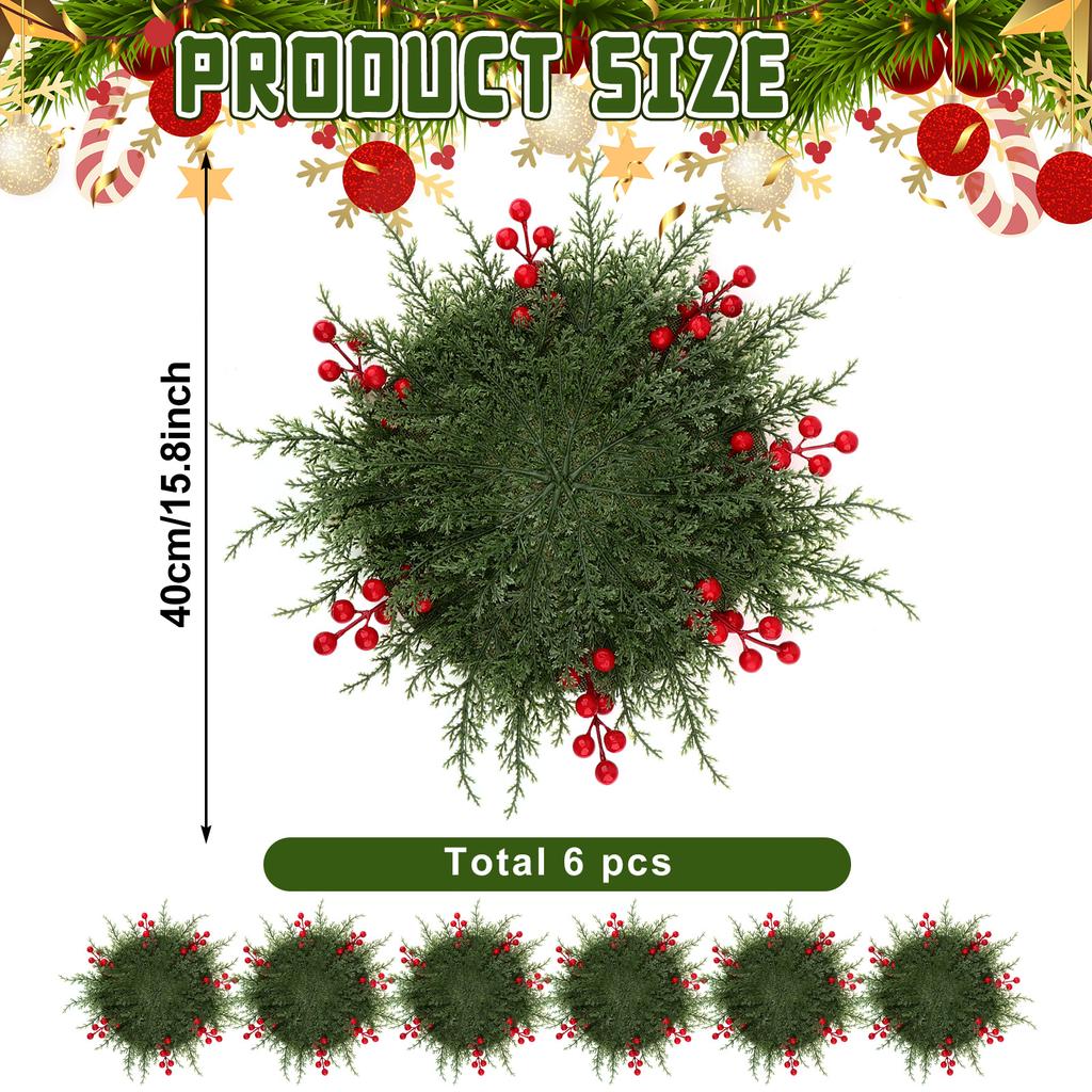 6 Pcs 15.75 Inch Christmas Greenery Placemats Artificial Winter Pine Placemat Pinecone With Red Berries Cedar Branch Place Mat D
