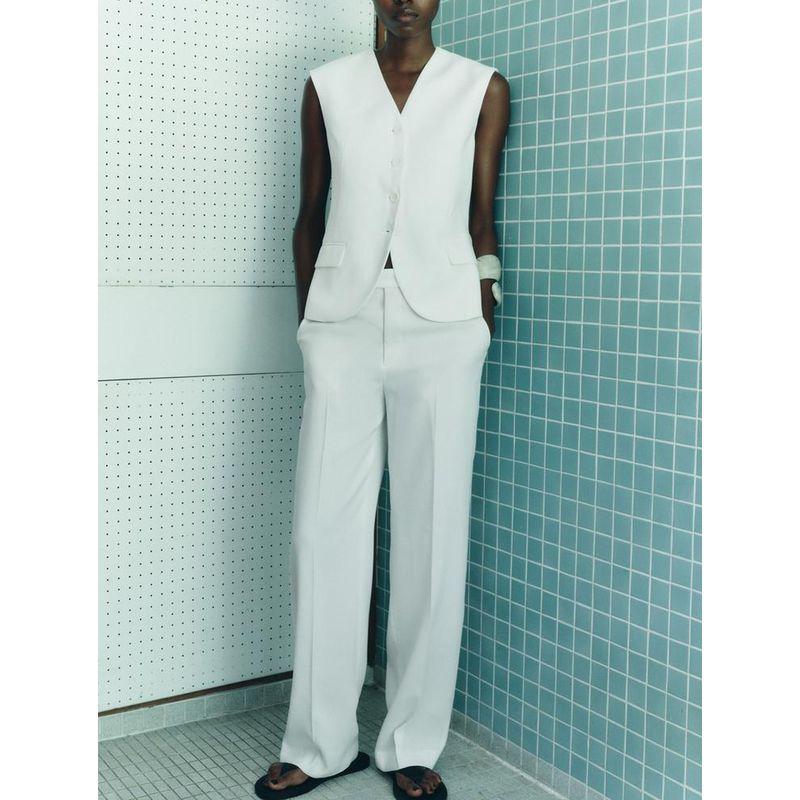Spring New Vertical Straight Pants 8646186 V-neck Sleeveless Pocket Decoration Vest Vest 8412186
