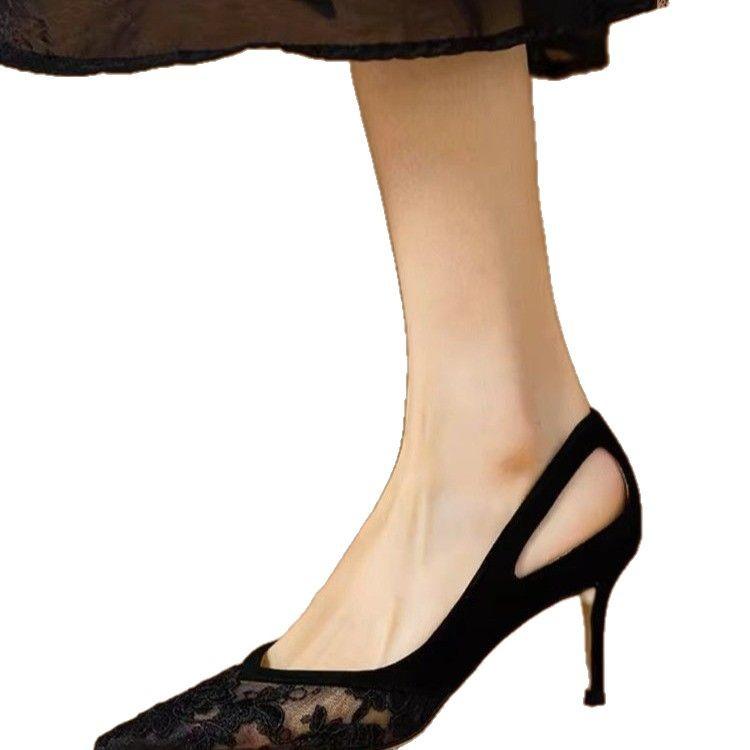 Spring and Autumn Lace Hollow Mesh Pointed High Heels Sexy Light Mouth Single Shoes Women