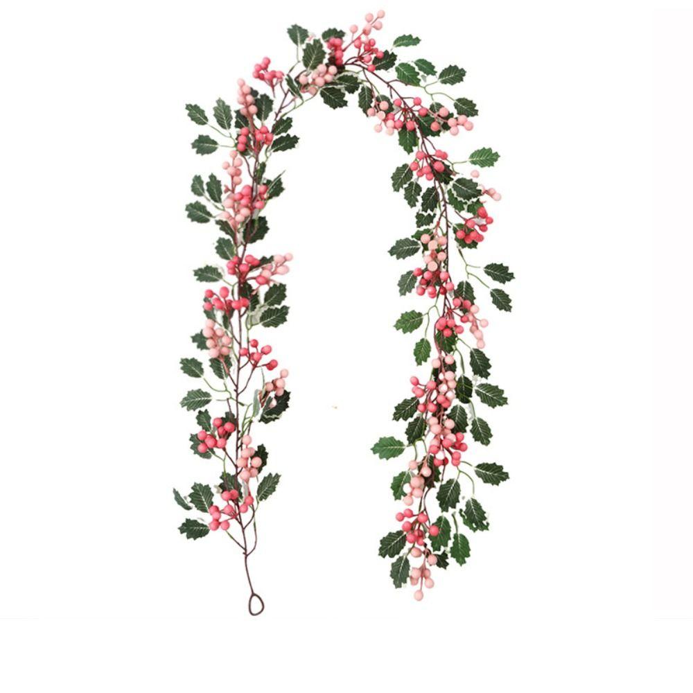 Green Leaves Christmas Pink Berries Wreath DIY Simulation Plants New Year