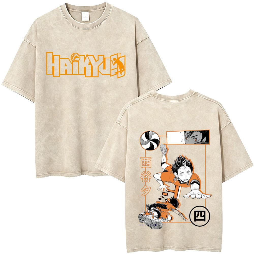 Gewaschenes Vintage Anime Haikyuu KARASUNO Merch T-Shirt Herren Cartoon Manga Oversized T-Shirt Herren Sommer Lässige Kurzarm-T-Shirts