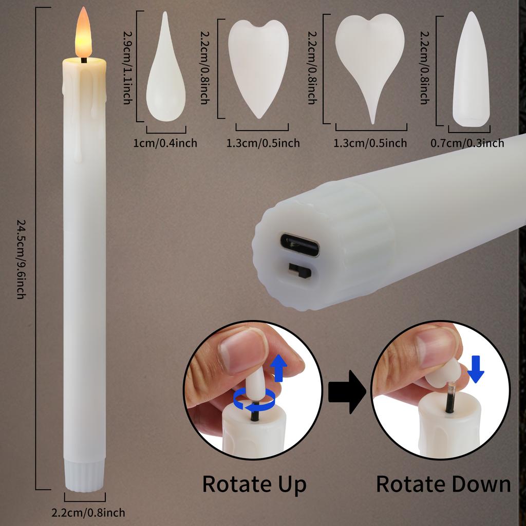 Rechargeable Flameless Taper Candles with Timer Remote Flickering 3D Wick Taper Candlesticks for Valentine Day Wedding Birthday