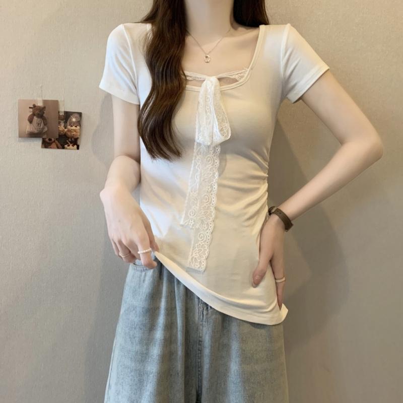 Summer Short Sleeve Women's Solid O-Neck irregular Pullovers korean Lace ribbon t-Shirts y2k Tops Female Slim pure cotton Tees