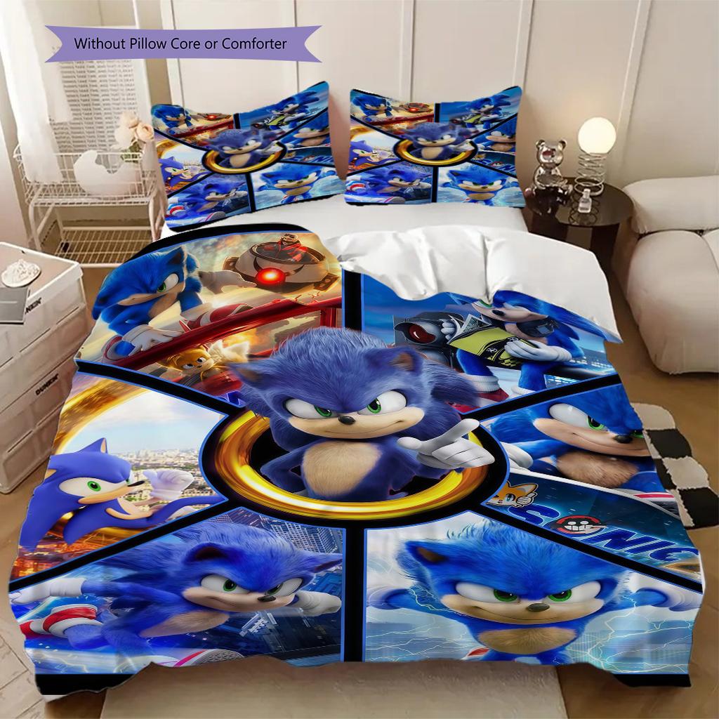 Sonic Cartoon Puzzle Quilt Set, Anime Cartoon Bedding Set Gift, Extra Large Size, Various Sizes Available LXRa31