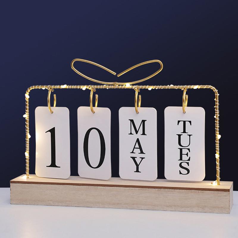 Flipkalender med lys til skrivebord Træ Evig Kalender til Skrivebord Med Måned Dato Visning Skrivebordskalender til Hjemmekontor Indretning
