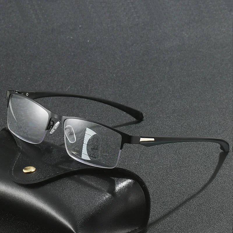 Anti-blue Light Photochromic Far Sight Glasses Multifocal Reading Glasses  Men's Half Frame Business Presbyopia Glasses
