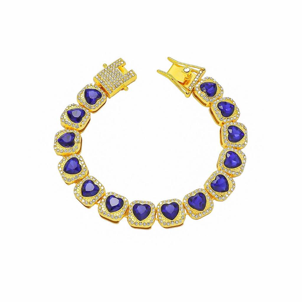 European & American Men's Bold Full Diamond Red Peach Heart Cuban Chain Bracelet - Nightclub Trend Jewelry