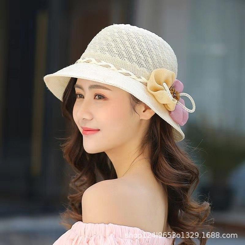 Hat Women's New Fashion Sun Hat Summer Folding Pearl Flower Sun Hat Sun Protection UV Protection Bucket Hat