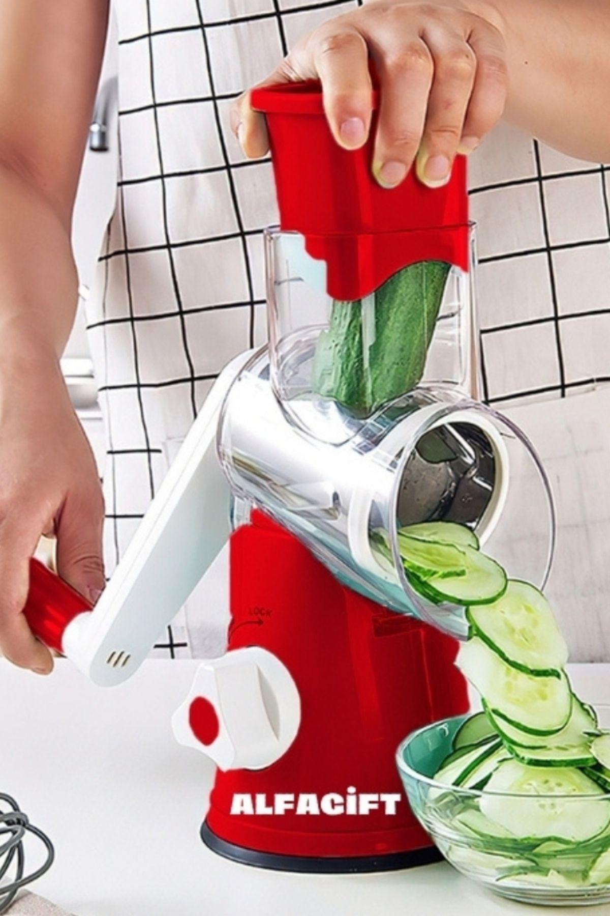 

Manual Rotary Vegetable Chopper & Grater – 3 Stainless Steel Blades for Slicing, Shredding and Grating 1