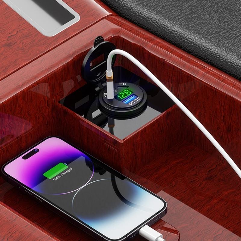 USB C Car Charger Socket 45W Type C 18W USB with LED Digital Display Fast Charger Socket for Motorcycle Trucks