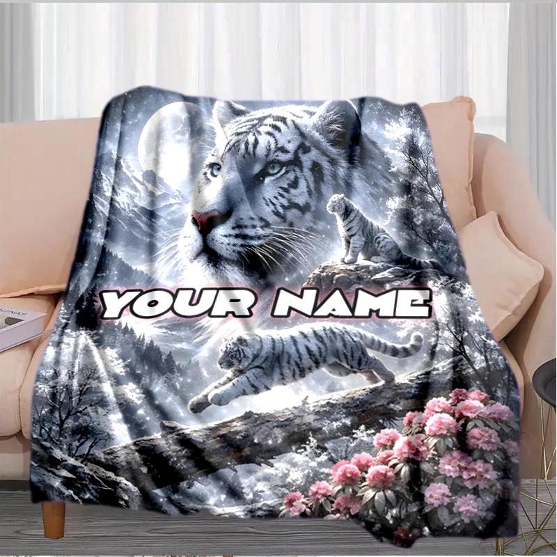1PC Custom Name White Tiger Snowy Landscape Outdooor Flannel Blankets Throw Blanket All-Season Throw Gift Bedspread for Couch, Bed, Camping Holiday Bi