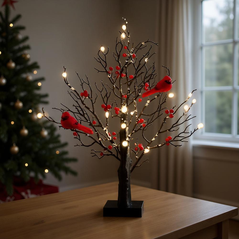 Christmas Glowing Tree Light Vintage Birch Tree LED Cardinal Little Red Bird Table Decoration for Xmas Indoor Home Decor