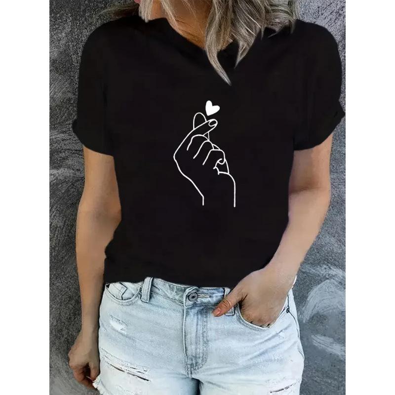 Fashion Women s T-Shirt 90s Finger Tshirt Heart Print T-Shirt Short Slee S