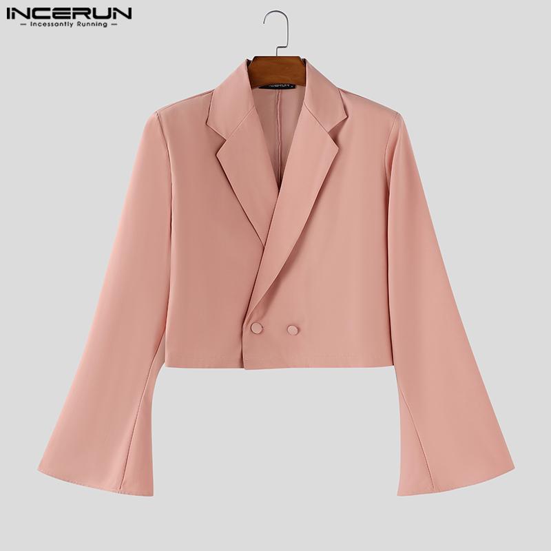 INCERUN Two Pieces Outfits Men Lapel Long Sleeve Cropped Blazer Long Flare Pants Sets