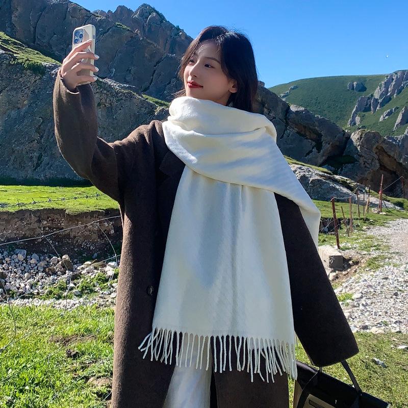 New model with solid color scarf women's autumn and winter thickened warm New Year's red scarf dual-purpose shawl
