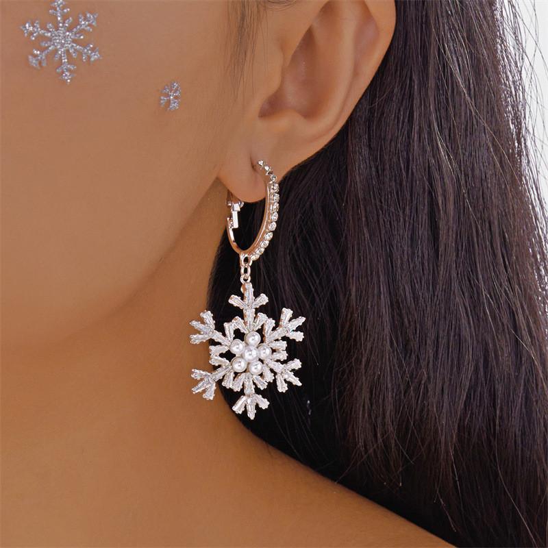 Christmas Snowflake Earrings With Zirconia And Pearl For Women Holiday Accessory