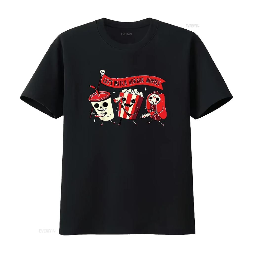 Let S Watch Horror Movies Funny Halloween Costume Stylish Womens Summer T Shirt Top Vintage Washed Unisex Fashion