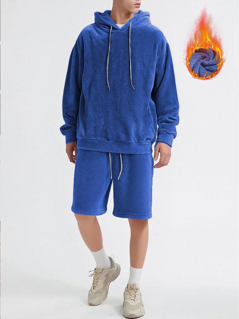 Men's Plus Size European Casual Hooded Sweatshirt & Shorts Set, Autumn/Winter Fashion, Coral Fleece