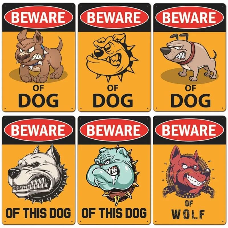 Hisun Tin Sign Vintage Assorted Beware Of Dog Cartoon Bulldog Wolf Tin Sign Set Retro Funny Angry Pet Warning Metal Wall Art Rustic Security