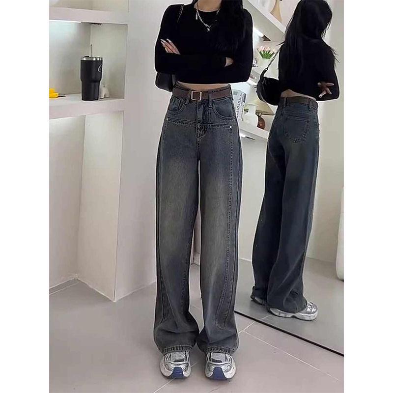 

Plus Velvet Gray High-Waist Wide-Leg Jeans for Women - Floor-Length, Large Size, Autumn/Winter Medium
