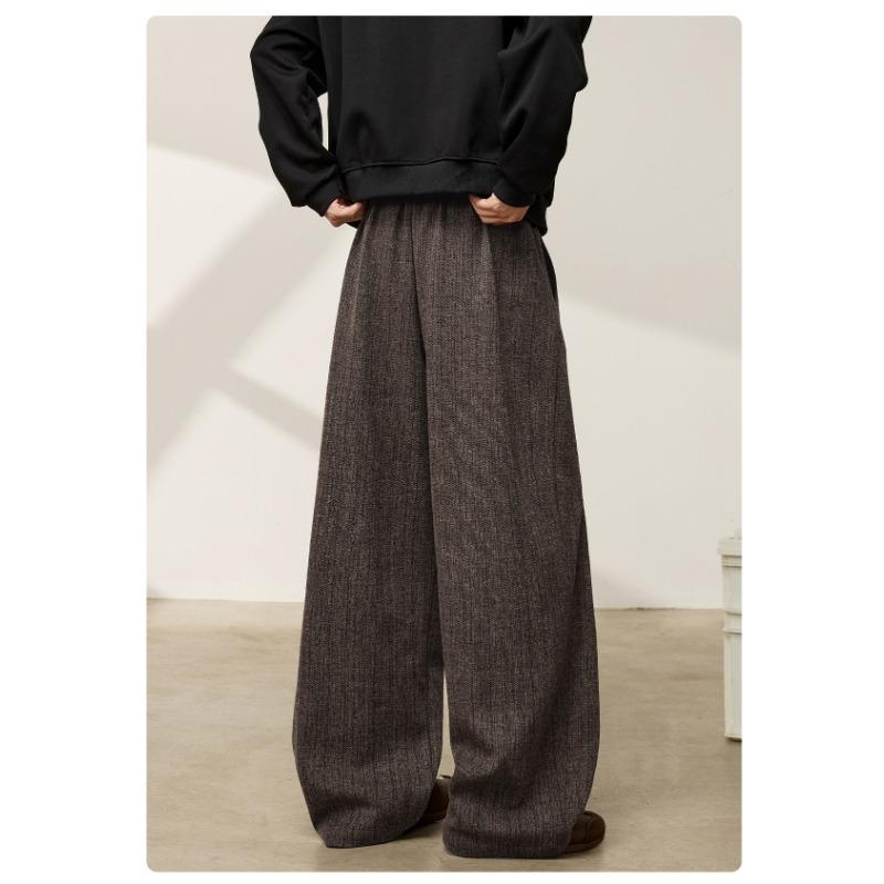 Mens Loose Retro Casual Drooping Straight Long Imitation Wool Trousers