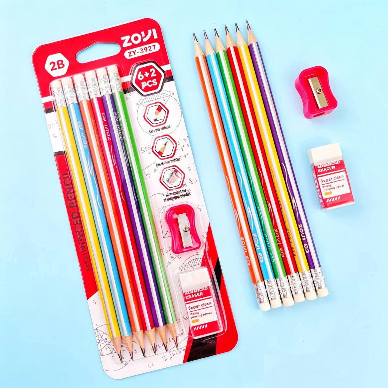 2B Hexagonal Student Sketch Pencils Set with Sharpener & Eraser 6 Pencils + 2 Accessories Set