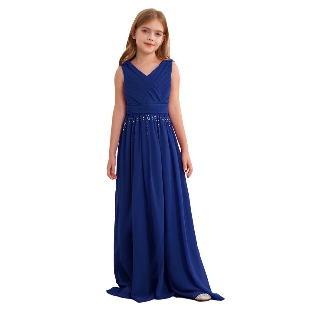 Glänzendes gerafftes verwobenes Chiffon-Kleid für Mädchen V-Ausschnitt ärmelloses Design Blumenmädchen langes Kleid Hochzeitsfeier Kleid