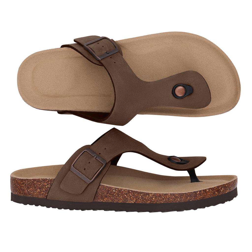 Gacimy Women Cork Sandals Fashion Summer Cork Footbed Flip Flops New Leather Flat Mules With Arch Support Outdoor Beach Slippers