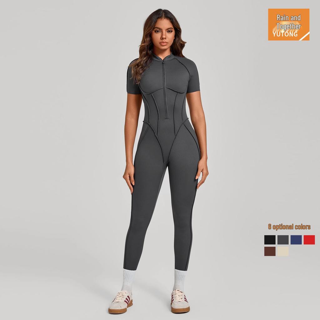 Women's Short-Sleeve Half-Zip Tummy-Control Yoga Jumpsuit