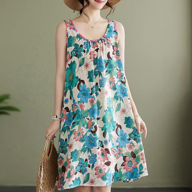 

Настоящее лето новый хлопок и лен большой размер литературный свободный без рукавов круглый вырез принт сарафан А-силуэта женский L синий