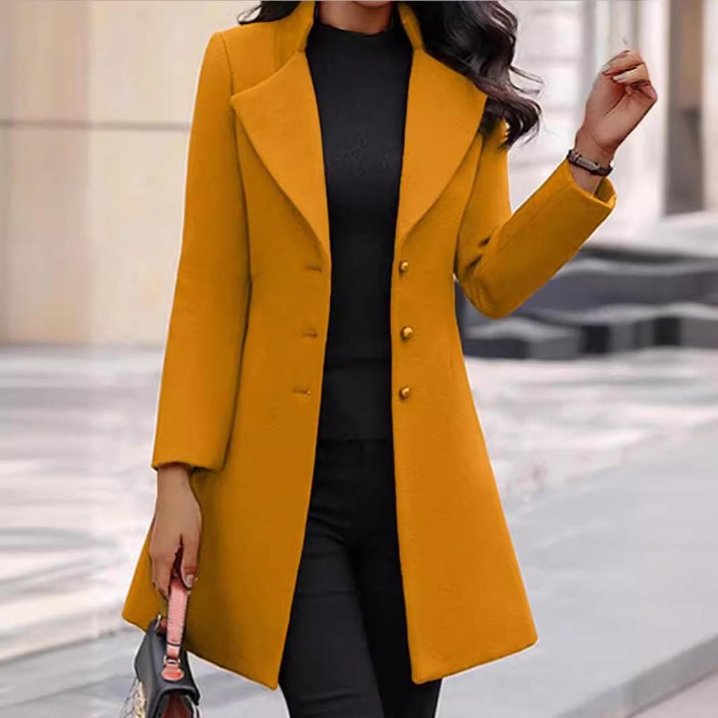 Women's Mid-Length Coat, Single-Breasted Notched Lapel, Casual Outerwear, Available In Grey, Mustard Yellow, and Black