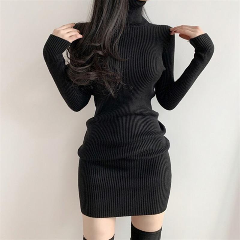 Autumn and Winter Inner Bottom Turtleneck Knitted Sweater Dress Solid Color Elegant Women Hip-wrapped Bodycon Short Party Dresses Fashion Clothing