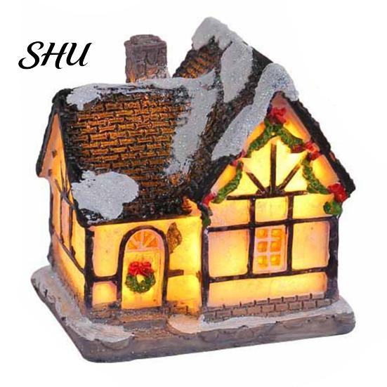 Desktop Christmas House Ornament Glowing Romantic Warm Lighting Resin Craft Small Glow LED Snow Covered Decoration Figurine Statue Party Festival Gift