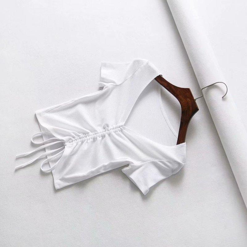 

V-neck Cropped Vest, Drawstring Ribbed Top S білий