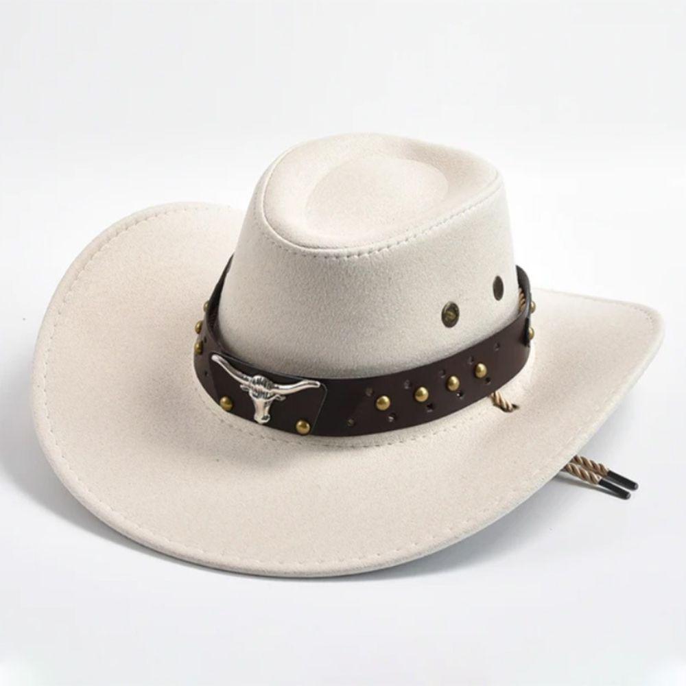 Bull Head Rivet Decor Band Wide Brim Sun Hat Breathable Adjustable Cowboy Hat Daily Wear