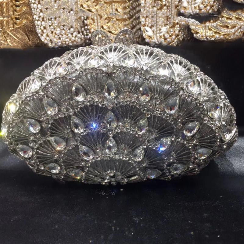 Rhinestone Evening Clutches Luxury Fan-Shape Women Crystal Wedding Party Purses WHTUOHENG Prom Cocktail Handbags Blue/Red/White