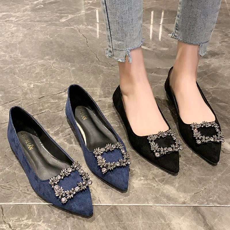 Damen Flache Schuhe mit spitzer Spitze, Bootsschuhe mit Knopf und Kristall, Slipper, flache Schuhe aus Wildlederimitat, bequeme Damenschuhe, Zapatos Mujer