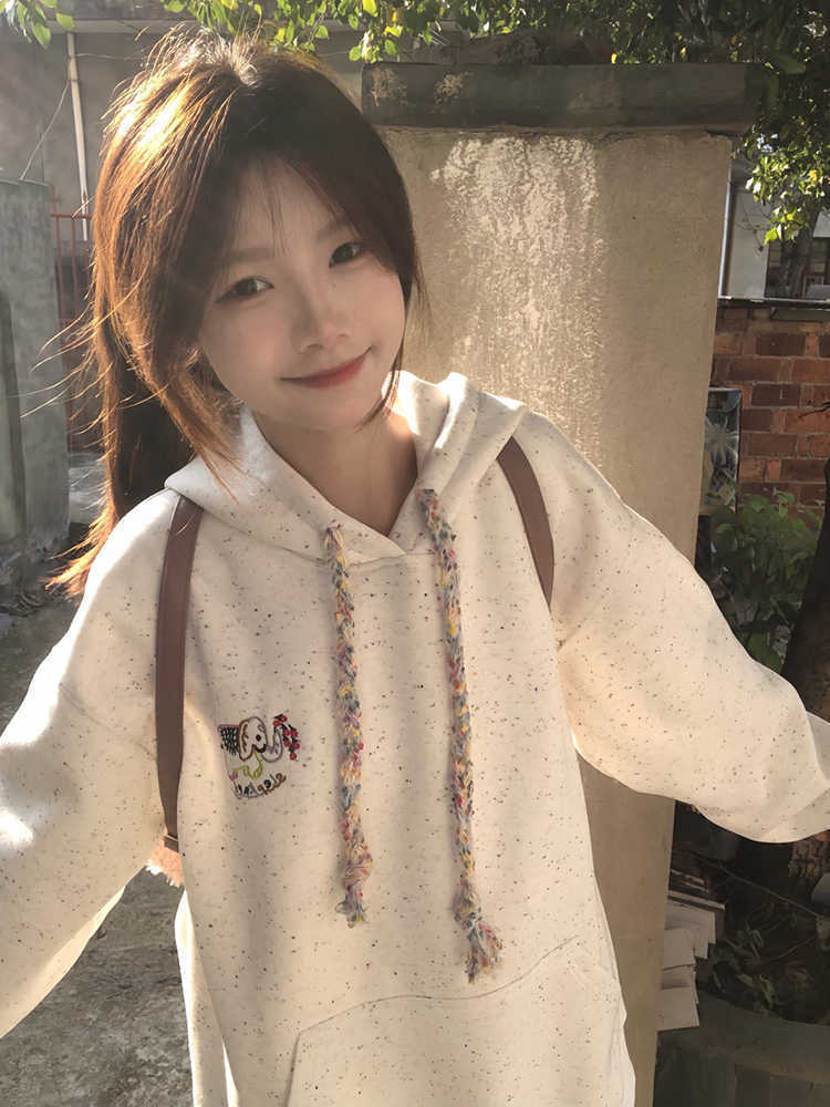 American retro color dot baby elephant embroidered hooded sweater women's velvet thickened design niche coat