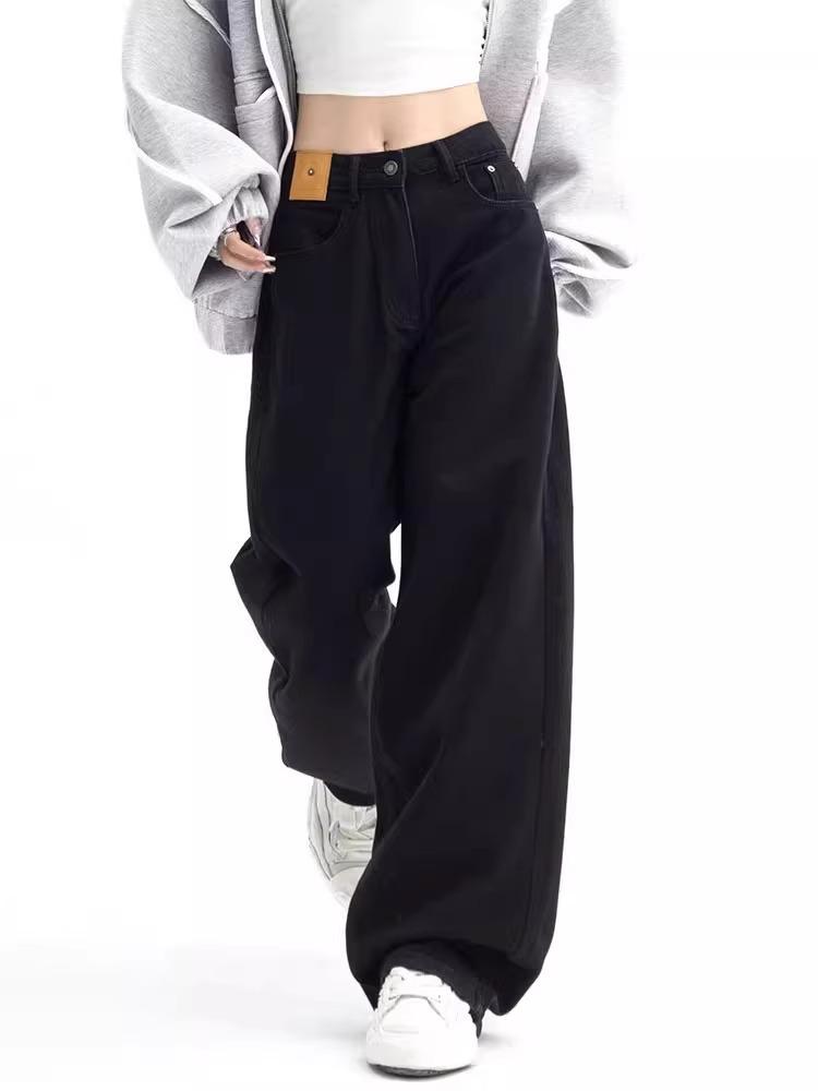 

Women s Black High-Waist Straight-Leg Drape Jeans - Autumn Casual, Loose, Slimming Wide-Leg Pants 2XL чорний