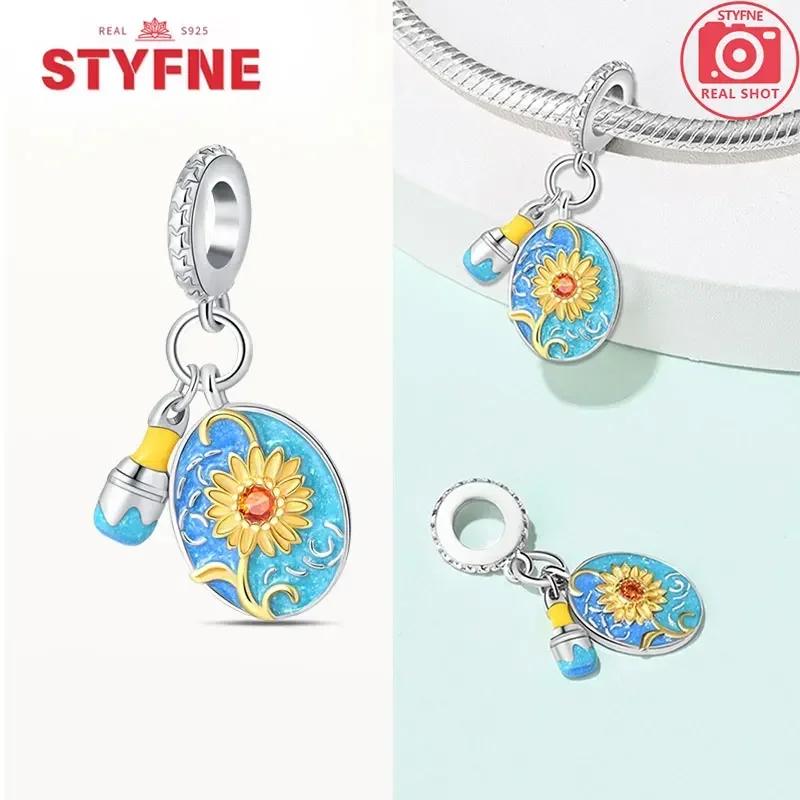 Copperoriginal Starry Sky Sunflower Green Wheat Field Oil Painting Charms Beads For Women Diy Fine Jewelry Gift